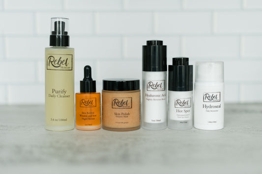 Rebel Skincare Complete Bundle: Purify Daily Cleanser, Skin Polish, Skin Revival, Hot Spot, Hydroseal, and Hyaluronic Acid