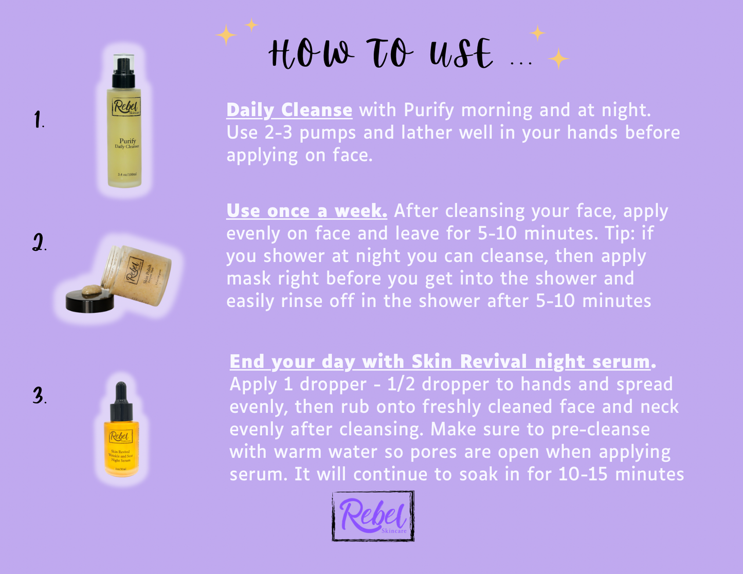 Rebel Skincare Ultimate Bundle: Daily Purify Cleanser, Exfoliating Enzyme Mask & Anti-Aging Night Serum